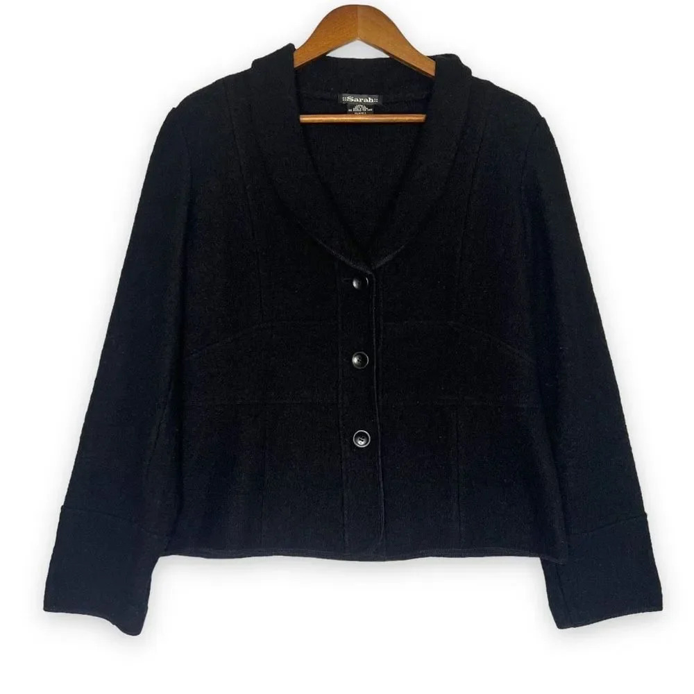 Sarah Black Button 100% Wool Blazer Cardigan‎ Sweater Cropped Shawl Collar L